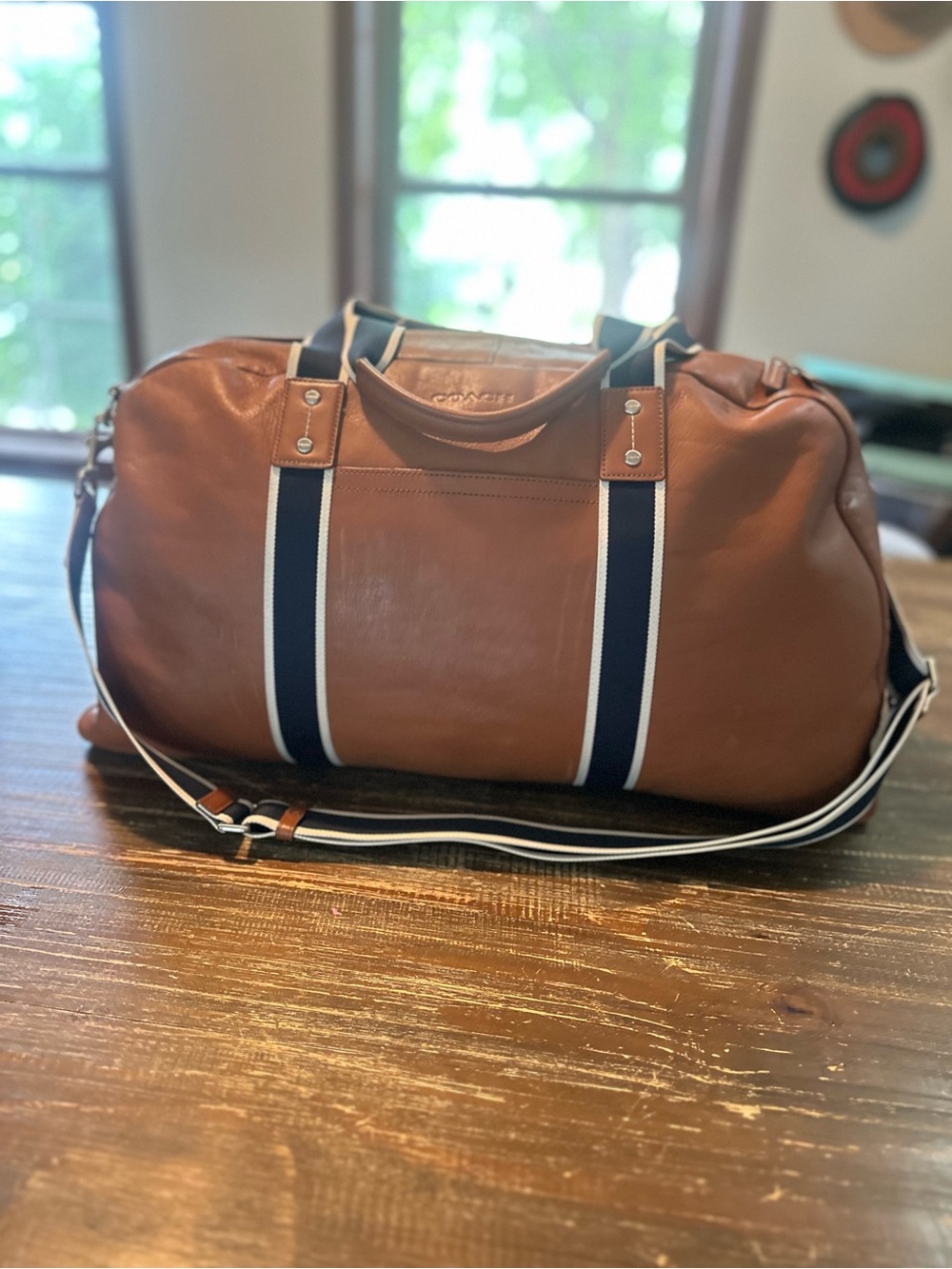 Coach Tan Leather Duffel with Navy and White Straps